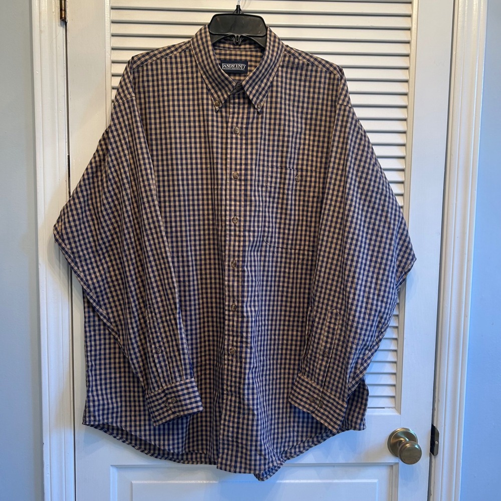 Lands' End Mens XL Button Down Shirt Long Sleeve Gingham Checkered Regular Fit